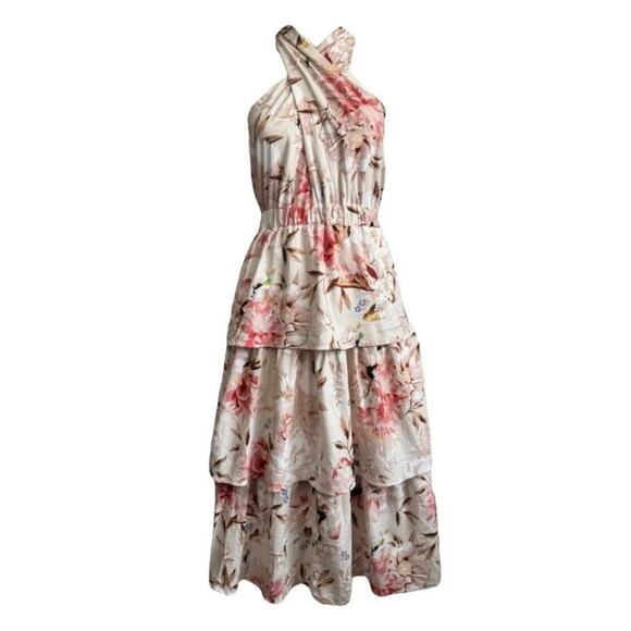 Express XL Floral Criss Cross Tiered Ruffle Linen Sleeveless Halter Midi Dress - Picture 1 of 10